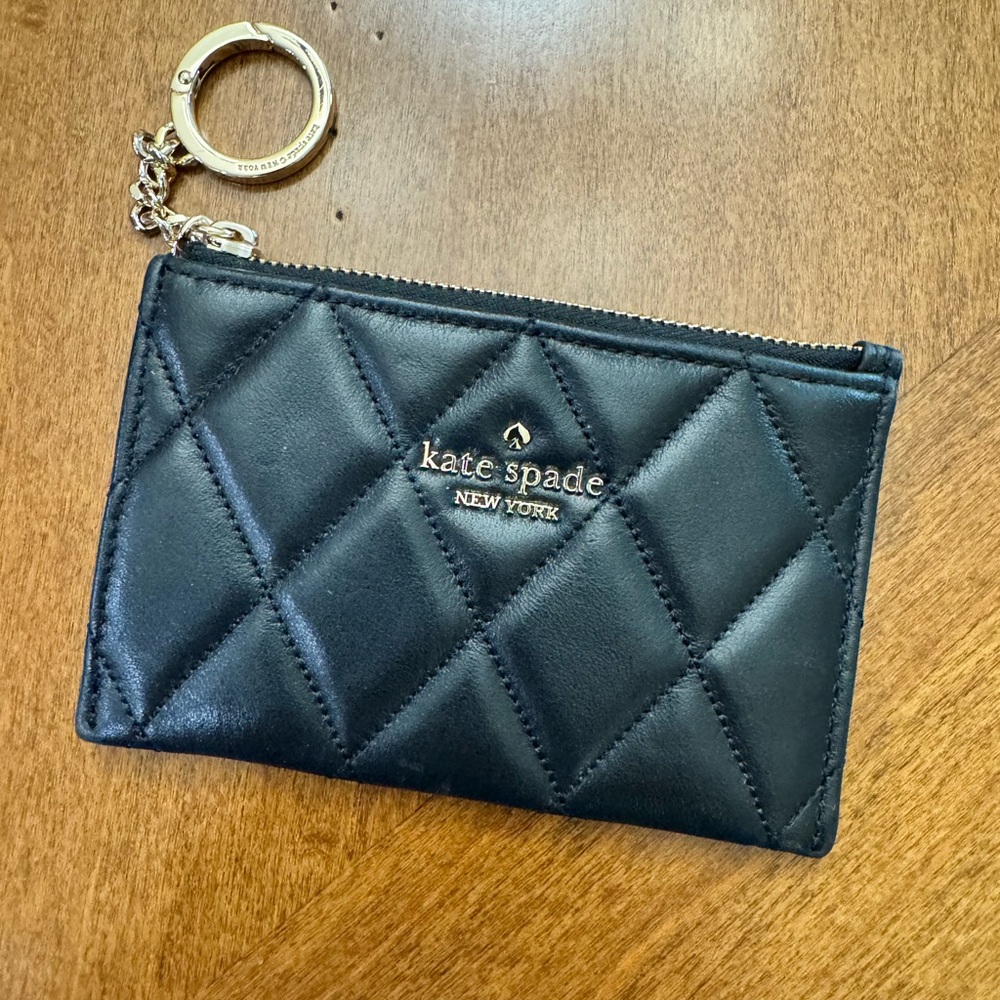 kate spade Black Quilted Leather Zip Coin Pouch with Gold Hardware